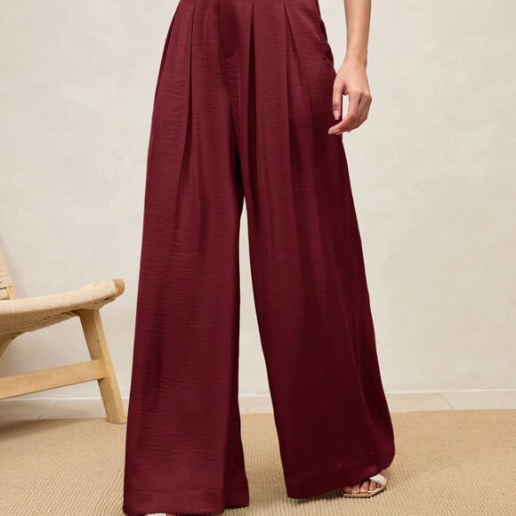 Burgundy Elegant Women's Pleated High Waist Wide Leg Pants with Belt - Picture 6 of 7